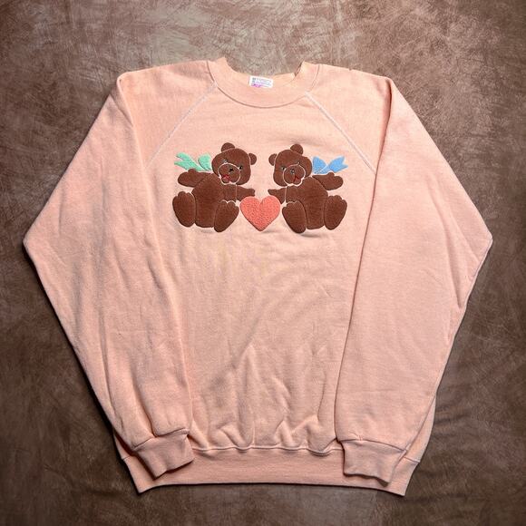 Vintage 80s Hanes Teddy Bear Heart Crewneck Sweatshirt Pink Textured Print Bows - Picture 1 of 10